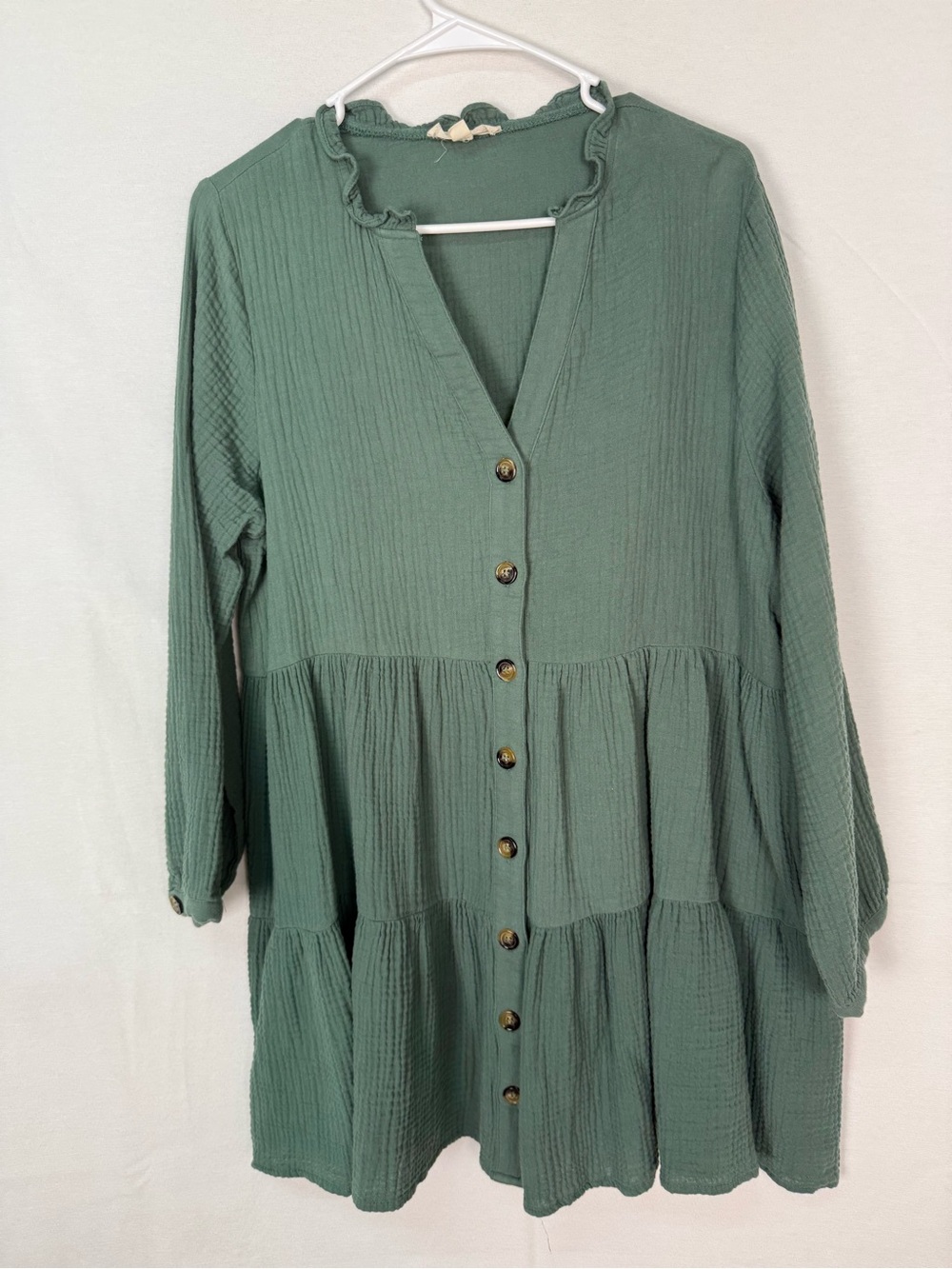 entro Sage Green Long-Sleeve Tiered Button Dress